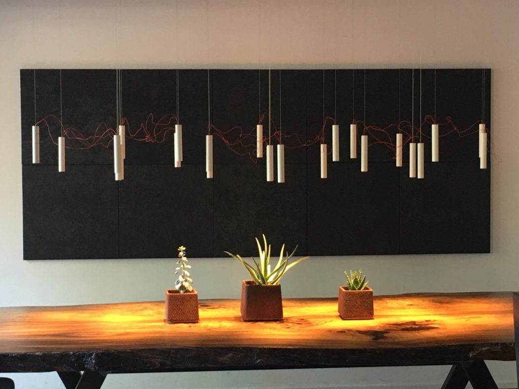 Interno di un ristorante dove sulle pareti è stato fatto trattamento acustico e si nota una ottima progettazione di lightning design